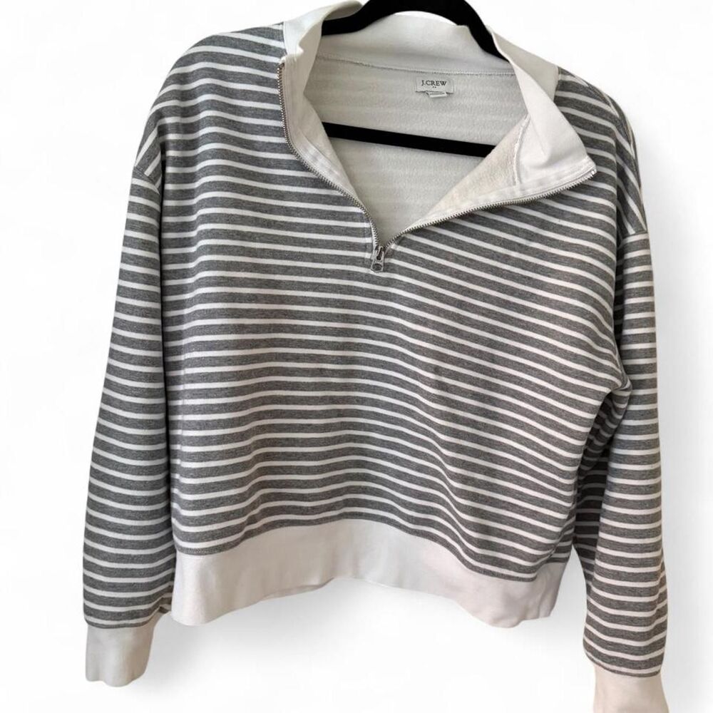 J.Crew Gray White Striped Quarter Zip Pullover Sweatshirt Women’s Medium Preppy